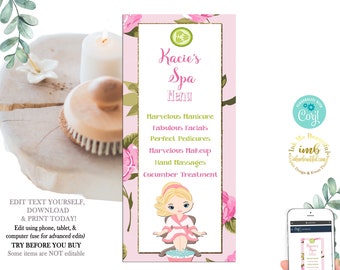 Op de afbeelding: Een roze spa-menu met gouden rand, met de tekst "Kacie's Spa Menu" en spa-service-opties. Het ontwerp bevat roze rozen, een cartoonillustratie van een meisje en de tekst "Edit Text Yourself, Download & Print Today!"