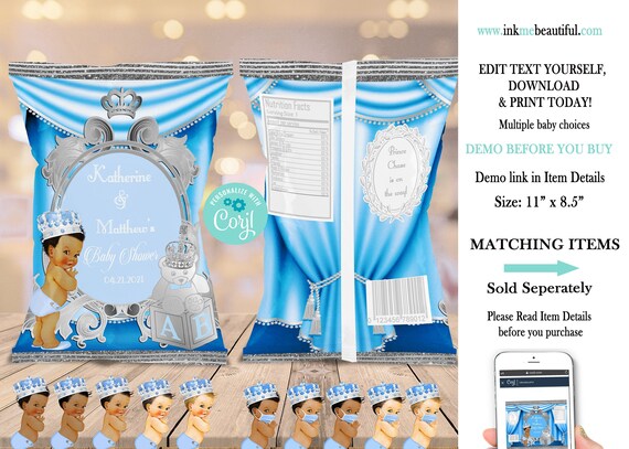EDITABLE | Light Blue and Silver Royal Baby Shower Chips | A Prince is on the Way | Royal Blue Baby Shower Theme | LB91 Il_570xn