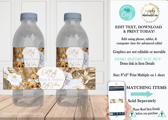 Boho Teddy Bear Water Bottle Label Baby Blue | Vintage Baby Shower | Nuetral Shades | Can Bearly Wait to Meet You | It's a Boy | BN03 Il_570xn