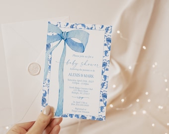 BEWERKBARE blauwe Chinoiserie baby shower uitnodiging Grandmillenial bruids douche uitnodigen minimalistische baby shower aquarel Bow 1e verjaardag PB7