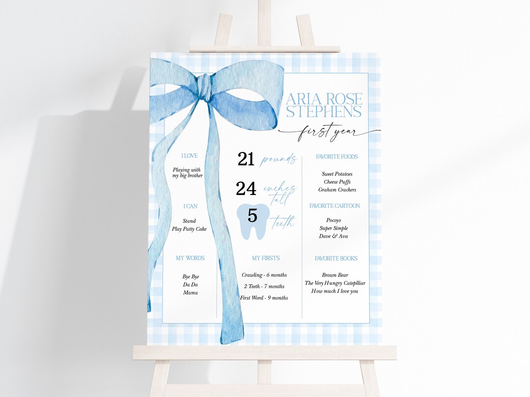 EDITABLE Blue Bow Milestone Sign, First Birthday Gingham Milestone ...