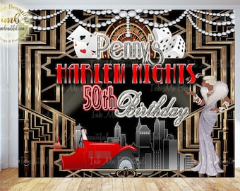 DRUCKBARE Great Gatsby Backdrop, Kasino-Thema, Neujahrsparty, Roaring 20s, Fotohintergrund, Candy-Tischdekor, Step-and-Repeat