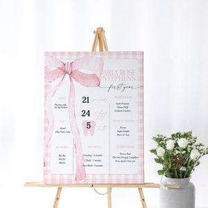 Signo de hito de arco rosa EDITABLE, primer cumpleaños Gingham Milestone Board cinta de acuarela rosa rubor rosa 1er cumpleaños plantilla digital PB4