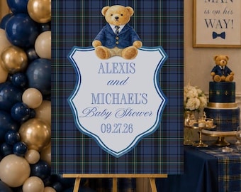 Preppy Teddy Bear Welcome Sign | Preppy First Birthday Plaid  Vintage Baby Shower Sign | Canva Template | Instant Download TB16