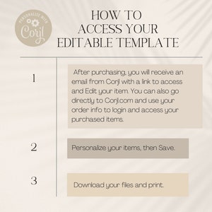 K&ouml;nnte beinhalten: Eine beige und braune Grafik mit dem Text "HOW TO ACCESS YOUR EDITABLE TEMPLATE" in Schwarz. Die Grafik enth&auml;lt drei Schritte, die mit 1, 2 und 3 nummeriert sind. Schritt 1 erkl&auml;rt, wie Sie auf Ihren gekauften Artikel zugreifen. Schritt 2 erkl&auml;rt, wie Sie Ihre Artikel personalisieren. Schritt 3 erkl&auml;rt, wie Sie Ihre Dateien herunterladen und ausdrucken.