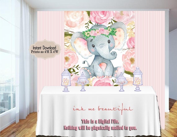 DIGITAL FILE Candy Table Backdrop, Baby Shower, Birthday Party, Blush Pink,Elephant, Flowers, Floral 4x4 and 4wx6h Il_570xn