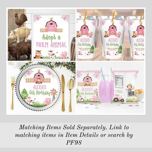 Puede incluir: Un conjunto de decoraciones de fiesta imprimibles para una fiesta de cumplea&ntilde;os con tem&aacute;tica de animales de granja. Las decoraciones incluyen un cartel que dice "Adopta un animal de granja", un plato, una caja de jugo, una bolsa de bocadillos y una bolsa de regalo. Todas las decoraciones presentan un granero rosa, animales de granja y una combinaci&oacute;n de colores rosa y verde.