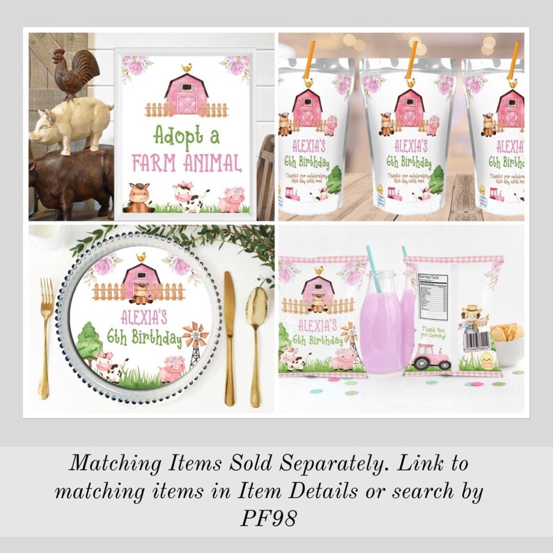Puede incluir: Un conjunto de decoraciones de fiesta imprimibles para una fiesta de cumplea&ntilde;os con tem&aacute;tica de animales de granja. Las decoraciones incluyen un cartel que dice "Adopta un animal de granja", un plato, una caja de jugo, una bolsa de bocadillos y una bolsa de regalo. Todas las decoraciones presentan un granero rosa, animales de granja y una combinaci&oacute;n de colores rosa y verde.