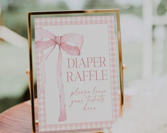 DIGITAL File Pink Gingham Diaper Raffle Sign Pink Bow Watercolor Ribbon Minimalist Baby Shower Sign Baby Sprinkle Minimal PB4