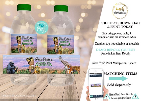 EDITABLE Prince Water Bottle Label |Royal Baby Shower| Corjl Digital Download| Safari Baby| Jungle Baby Shower| COA-01 Il_570xn
