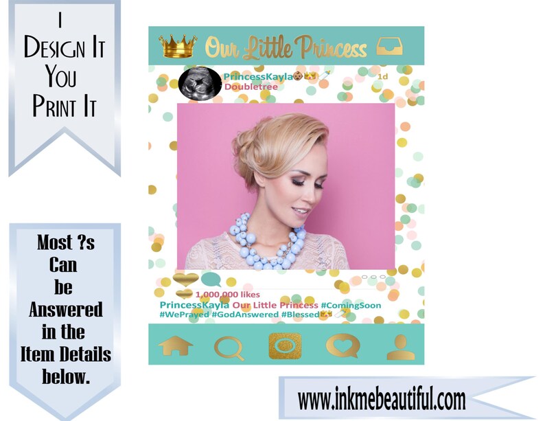 Digital File Its A Girl Mint Pink Gold Party Photo Frame Image 0