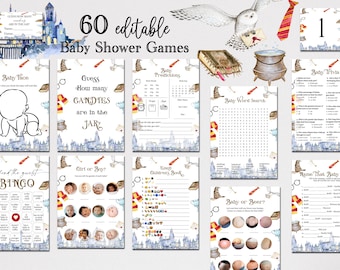 Puede incluir: Un conjunto de 60 juegos editables para baby shower con un tema de acuarela. Los juegos incluyen trivia, bingo y búsquedas de palabras, con ilustraciones de un castillo, un búho y otros elementos temáticos. El texto incluye "Baby Shower Games".