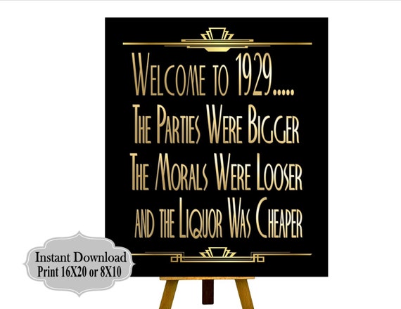 Printable Welcome 1929 Roaring Twenties Party Decoration Great