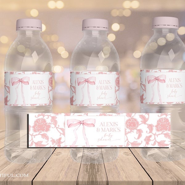 EDITABLE Pink Bow Baby Shower Water Bottle Label Minimalist Baby Shower Pink Watercolor Ribbon Blush Pink 1st Birthday Digital Template PB3
