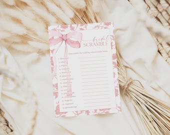 Bridal Word Scramble Game Bridal Shower Game Pink Bow Bridal Shower Games Pink Chinoiserie Instant Download PB1
