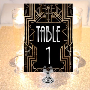 1-50 Printable table numbers, gold black and silver. Table numbers for Great Gatsby themed weddings. Roaring 20s party supplies for download