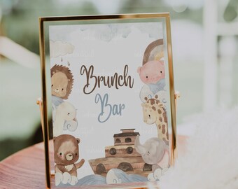 May include: A printable 8x10 sign with a watercolor illustration of a Noah's Ark theme with animals. The sign says "Brunch Bar" in brown and blue lettering.