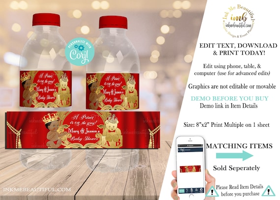 EDITABLE | Royal Red Water Bottle Label | Royal Red Baby Shower | A Prince is on the way | Royal Baby Shower| Prince Theme |RR01 Il_570xn