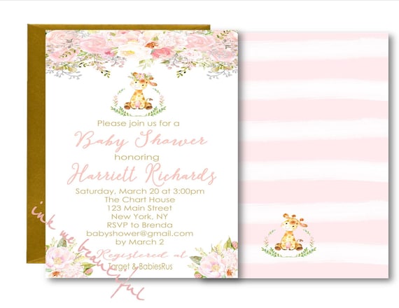 DIGITAL FILE Pink Girafe Baby Shower Invitation, Welcome Baby Shower Poster, Floral Baby Shower, Blush Pink, Gold Il_570xn