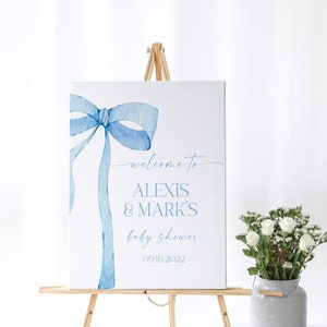 EDITIERBARE Blaue Schleife Willkommensschild für Baby Shower, Baby Shower Blaue Schleife Aquarell Band Dusty Blue 1. Geburtstag Digitale Vorlage BB1