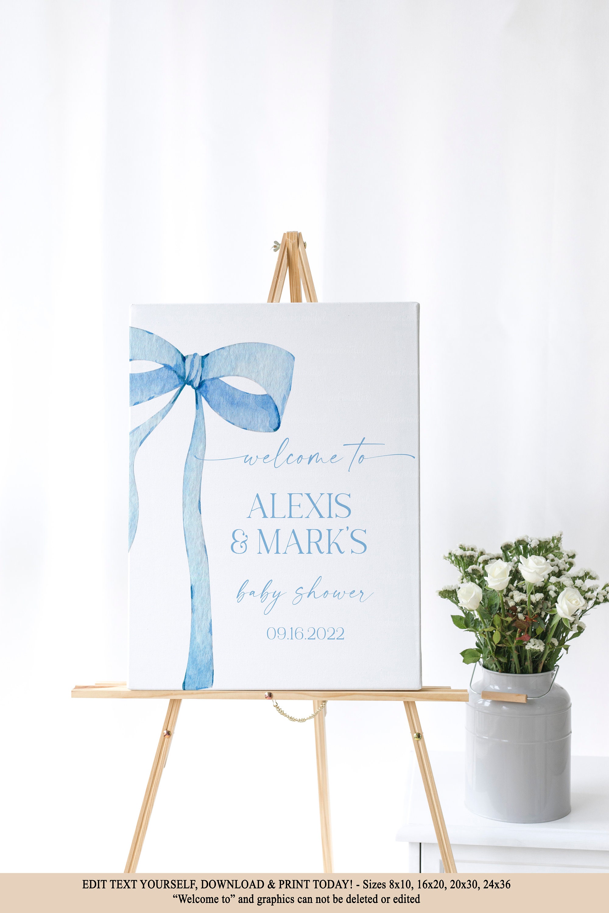 EDITABLE Blue Bow Welcome Sign for Baby Shower, Baby Shower Blue Bow ...