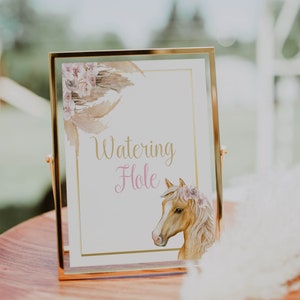 Digital File Cowgirl Birthday Party Watering Hole Sign Blush Pink Boho Horse Saddle Up Horse Party Decor Table Signs Derby Baby Shower H24