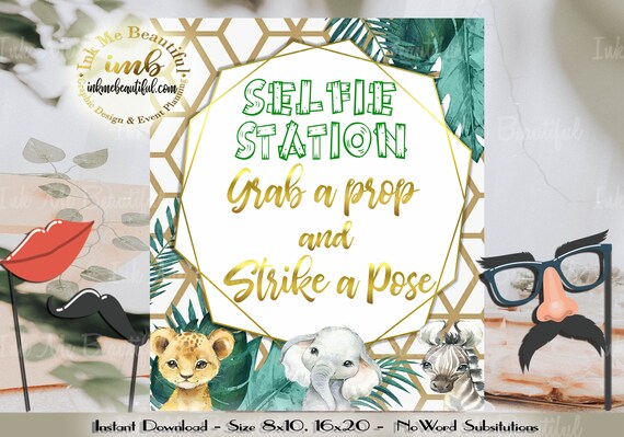 DIGITAL FILE Selfie Station Sign, Photobooth Sign, Safari Theme Baby Shower, Wild One Birthday Decor, Gold Safari Birthday Party, JB-20 Il_570xn