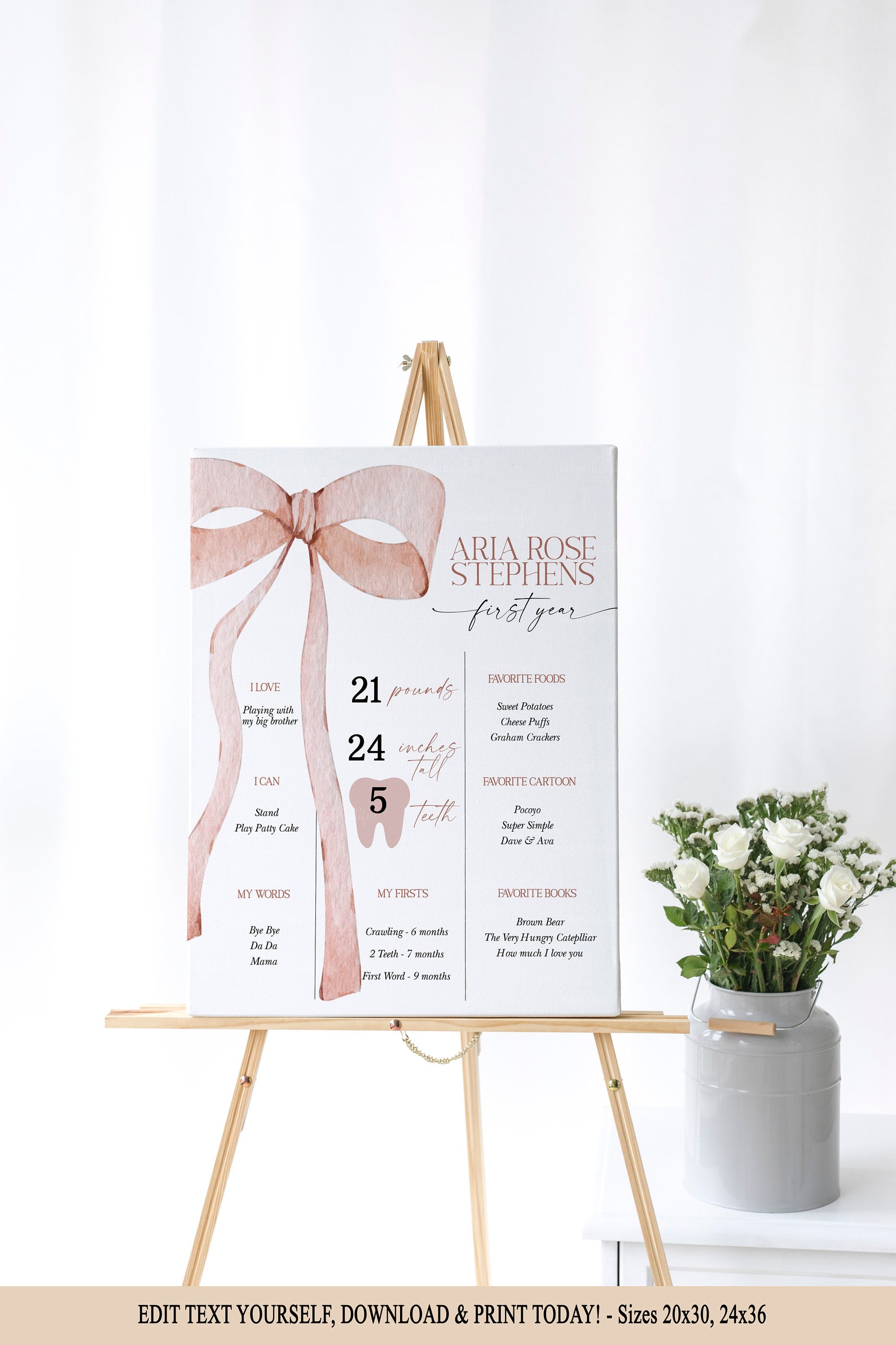 EDITABLE Tan Bow Milestone Sign, Minimalist Baby Shower Watercolor ...