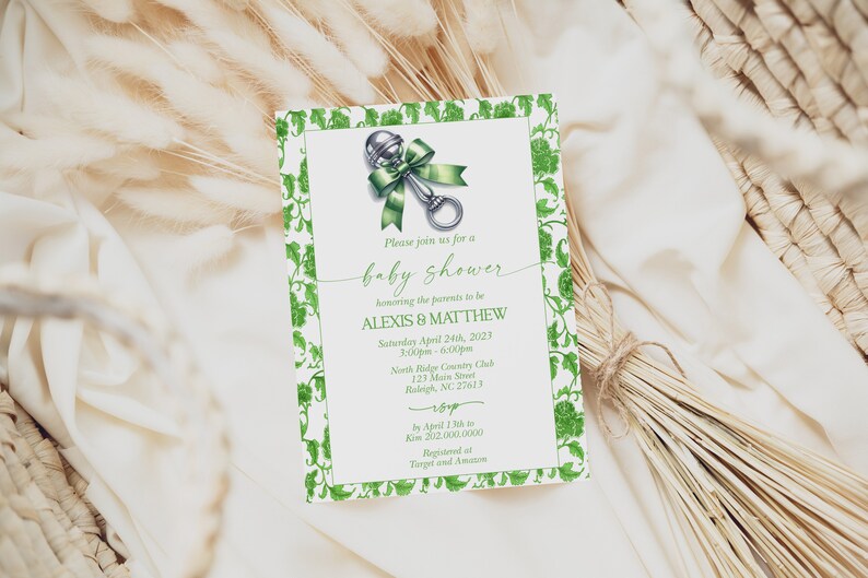 Silver Rattle Invitation EDITABLE Green Chinoiserie Baby Shower Invitation Grandmillenial Baby ...