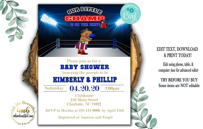 Op de afbeelding: Een blauwe en witte babyshower-uitnodiging met een cartoonillustratie van een baby die bokshandschoenen draagt en een rood-wit-blauwe outfit. De tekst luidt "Onze kleine kampioen is onderweg!" en bevat de datum en tijd van het evenement, de locatie en RSVP-informatie.