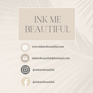 K&ouml;nnte beinhalten: Ink Me Beautiful Logo mit Website-Adresse, E-Mail-Adresse und Social-Media-Handles f&uuml;r Instagram und Facebook.