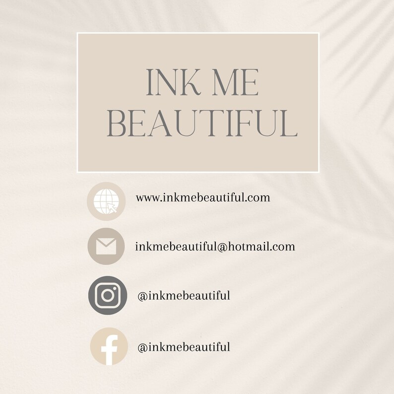 K&ouml;nnte beinhalten: Ink Me Beautiful Logo mit Website-Adresse, E-Mail-Adresse und Social-Media-Handles f&uuml;r Instagram und Facebook.