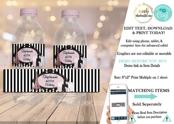 EDITABLE | Pink Paris Water Bottle Label | Paris Theme | Baby Shower | PP22 Il_570xn