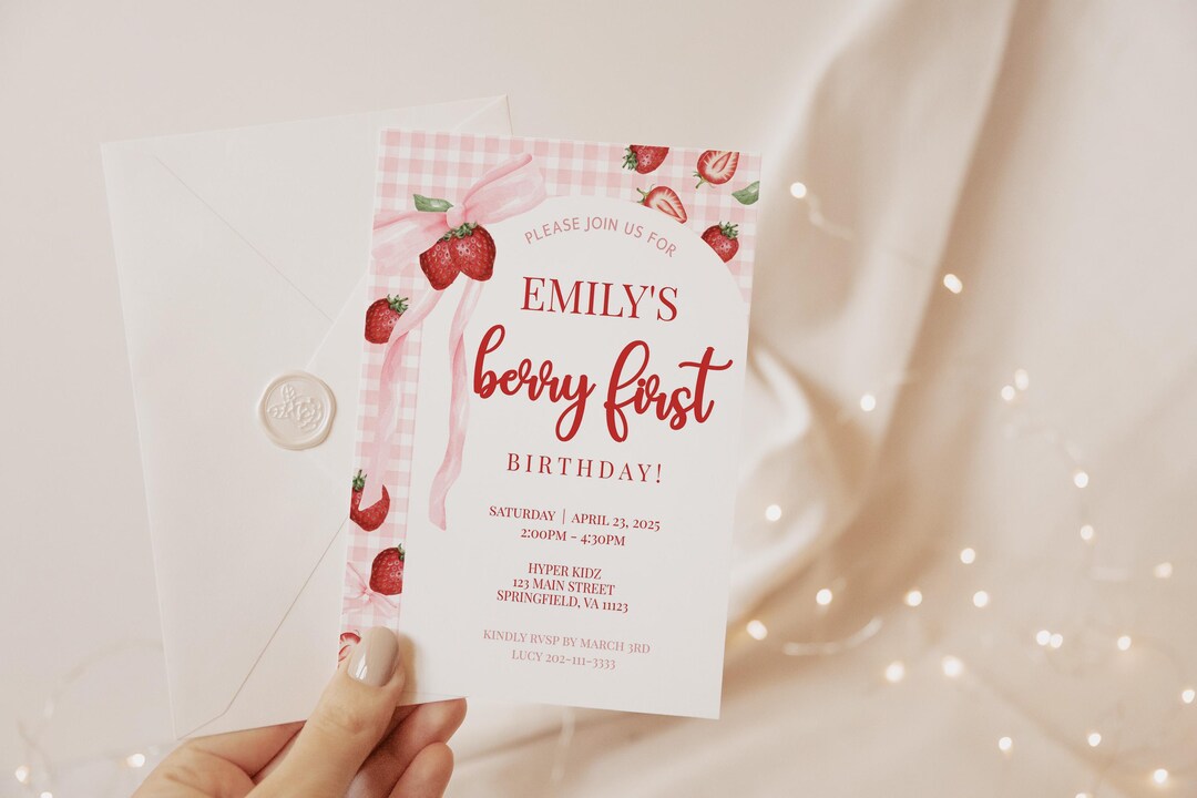EDITABLE Berry First Birthday Invitation Pink Bow Strawberry Invitation ...