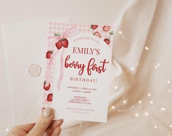 EDITABLE Berry First Birthday Invitation Pink Bow Strawberry Invitation for 1st Birthday Pink Gingham Pink Coquette Invite 1st Birthday GS3