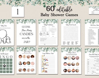 EDITABLE Eucalyptus Baby Shower Game Bundle Greenery Shower Gender Nuetral Baby Shower Games Pack 60 Games Pack Game Template E75