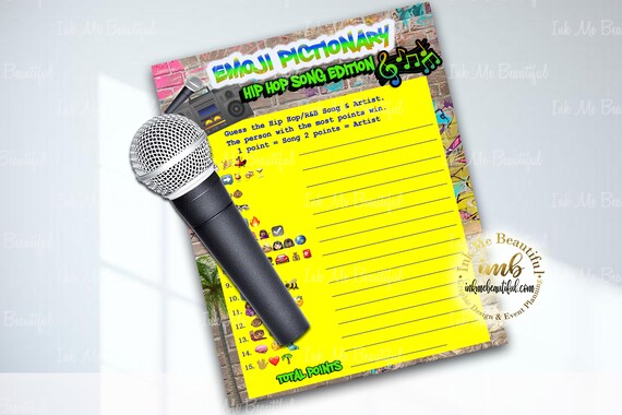 DIGITAL FILE Emoji Pictionary Hip Hop Songs , 5x7, Hip Hop, Baby Shower Games, Throwback 80s 90s House Party, 80s baby, 90s baby, HH01 Il_570xn