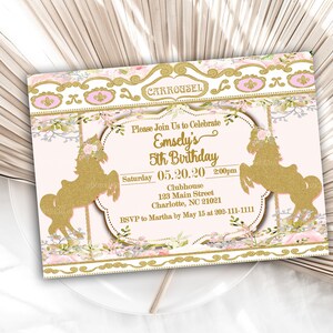 May include: A pink and gold invitation with a carousel theme. The invitation says "Please Join Us to Celebrate Emsely's 5th Birthday" with the date and time of the party. The invitation also includes the location of the party, which is the Clubhouse at 123 Main Street, Charlotte, NC 21021. The RSVP information is also included on the invitation.