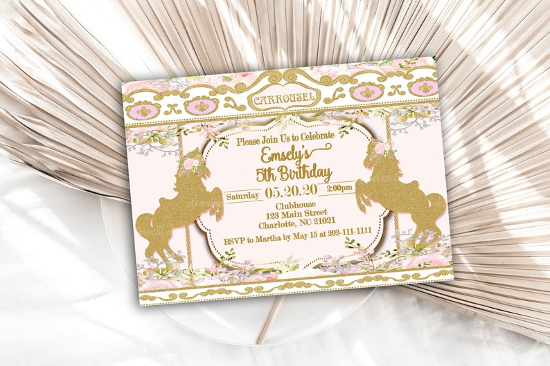 May include: A pink and gold invitation with a carousel theme. The invitation says "Please Join Us to Celebrate Emsely's 5th Birthday" with the date and time of the party. The invitation also includes the location of the party, which is the Clubhouse at 123 Main Street, Charlotte, NC 21021. The RSVP information is also included on the invitation.