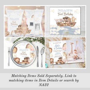 May include: A set of printable party decorations for a first birthday with a Noah's Ark theme. The set includes a chip bag, a plate, an invitation, and a sign. The decorations feature a watercolor illustration of a wooden ark with animals on it, and the text "Noah's First Birthday".