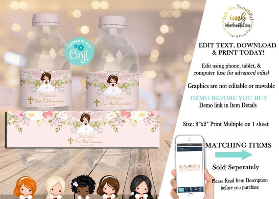 EDITABLE First Holy Communion Water Bottle Label | Floral | Blush Pink | Baptism | First Communion | First Communion |Cross HC33 Il_570xn