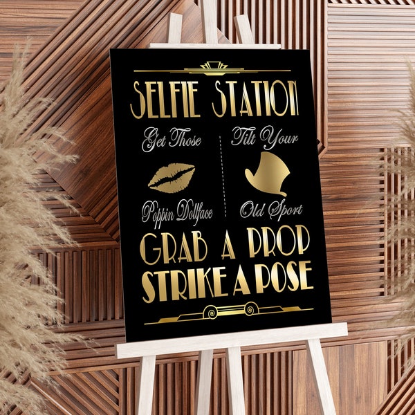 DIGITAL FILE  Selfie Station Photobooth Sign Gatsby Party Decoration Roaring 20s Art deco Wedding Photobooth Sign Black and Gold Signs