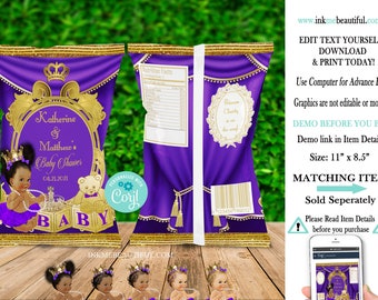 EDITABLE Royal Purple Baby Shower Chip Bag | Princess Baby Shower | Royal Baby Shower Decor | Purple and Gold | RP09