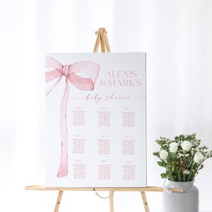 BEWERKBARE roze strik zitplaatsen grafiek baby shower bruids douche, minimalistisch roze aquarel lint blush roze 1e verjaardag digitale sjabloon PB1
