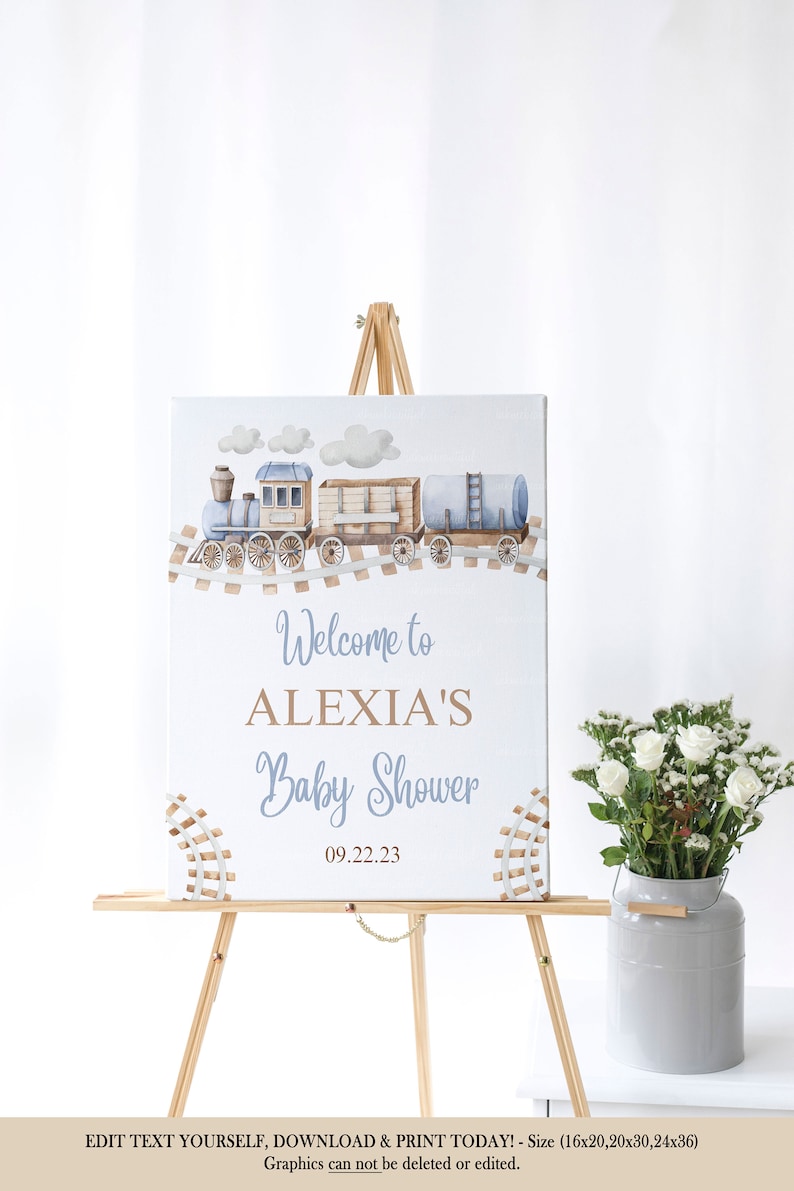 May include: A blue and brown train with white clouds on a light blue background. The sign reads "Welcome to Alexia's Baby Shower 09.22.23".