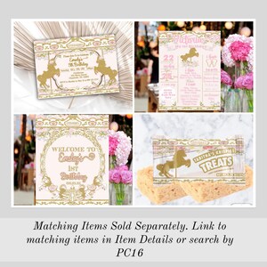 May include: Pink and gold carousel themed party decorations with a unicorn design. The decorations include a welcome sign, a birthday sign, a treat bag, and an invitation. The text on the signs reads "Welcome to Emsley's 1st Birthday" and "Victoria My 1st Birthday". The treat bag says "Tabitha's Krispies Treats".