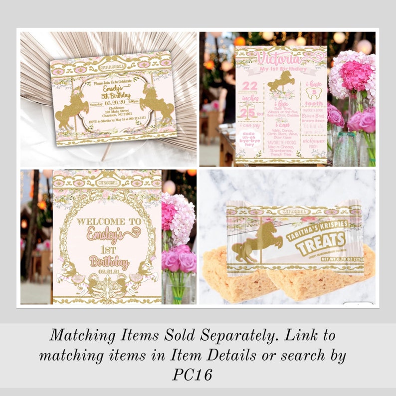 May include: Pink and gold carousel themed party decorations with a unicorn design. The decorations include a welcome sign, a birthday sign, a treat bag, and an invitation. The text on the signs reads "Welcome to Emsley's 1st Birthday" and "Victoria My 1st Birthday". The treat bag says "Tabitha's Krispies Treats".