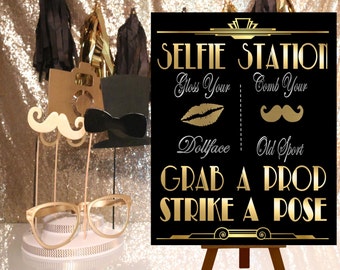 Great Gatsby PRINTABLES, Selfie Station, Photobooth sign*Gatsby party decoration, Roaring 20s Art deco*Wedding photobooth sign*Grab a prop