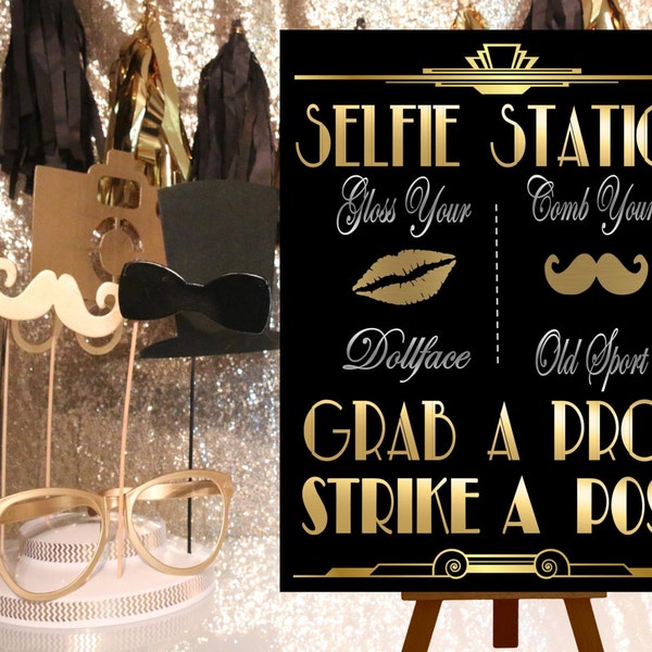 Great Gatsby PRINTABLES, Selfie Station, Photobooth sign*Gatsby party decoration, Roaring 20s Art deco*Wedding photobooth sign*Grab a prop