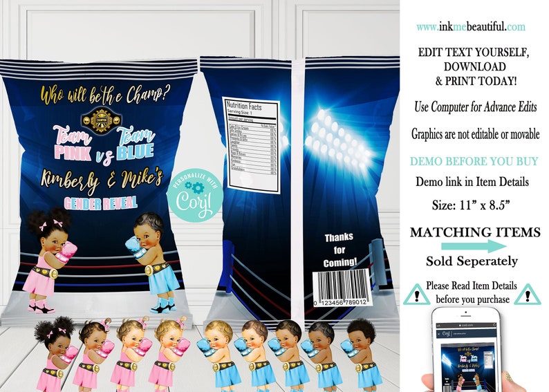 May include: A blue and pink gender reveal party favor chip bag with a boxing ring design. The bag features the text "Who will be the Champ? Team Pink vs Blue Kimberly & Mike's Gender Reveal".